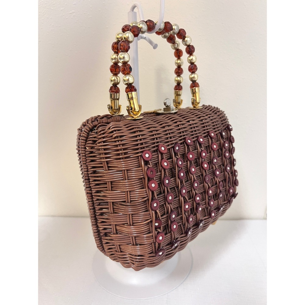 Walborg Wicker Handbag Women Small Brown Good Vintage Beaded Handle Rhinestone - Picture 4 of 12